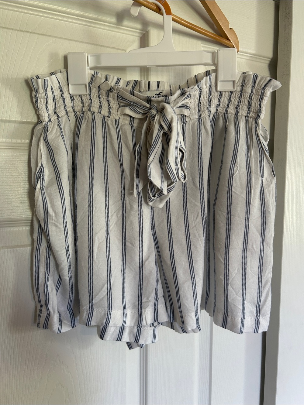 Hollister white and blue Striped Paperbag Shorts with Waist Tie